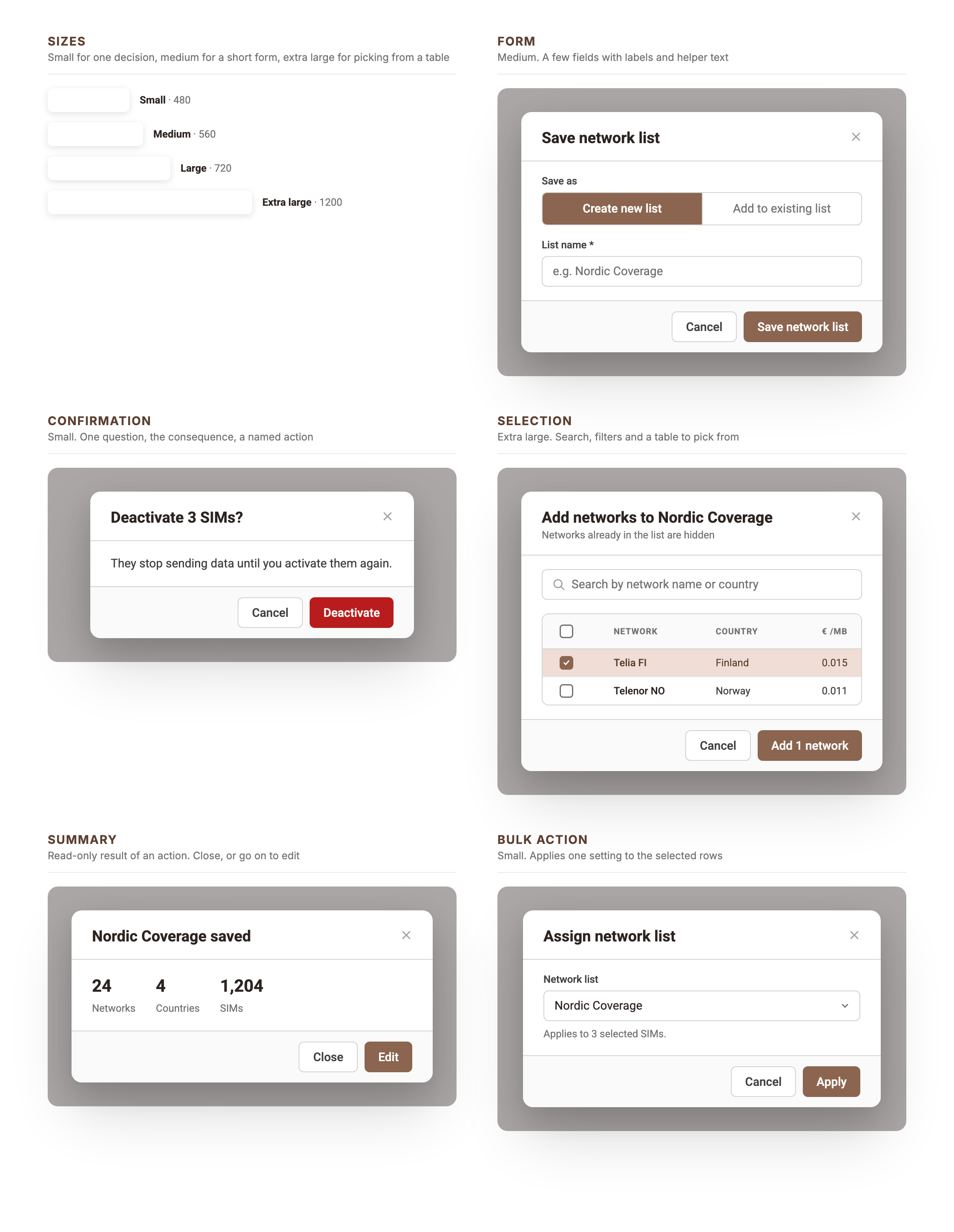 Modal variants: sizes, form, confirmation, selection, summary, bulk action